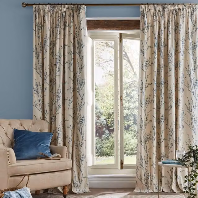 Laura Ashley Pussy Willow Ready Made Floral Cotton Curtains in Off White and Seaspray