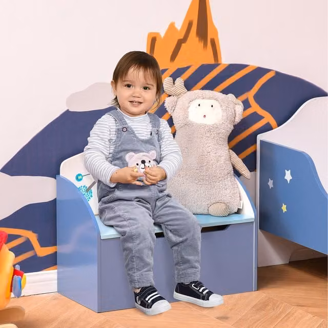 HOMCOM Kids Wooden Toy Box and Storage Bench with Soft-Close Lid, Blue
