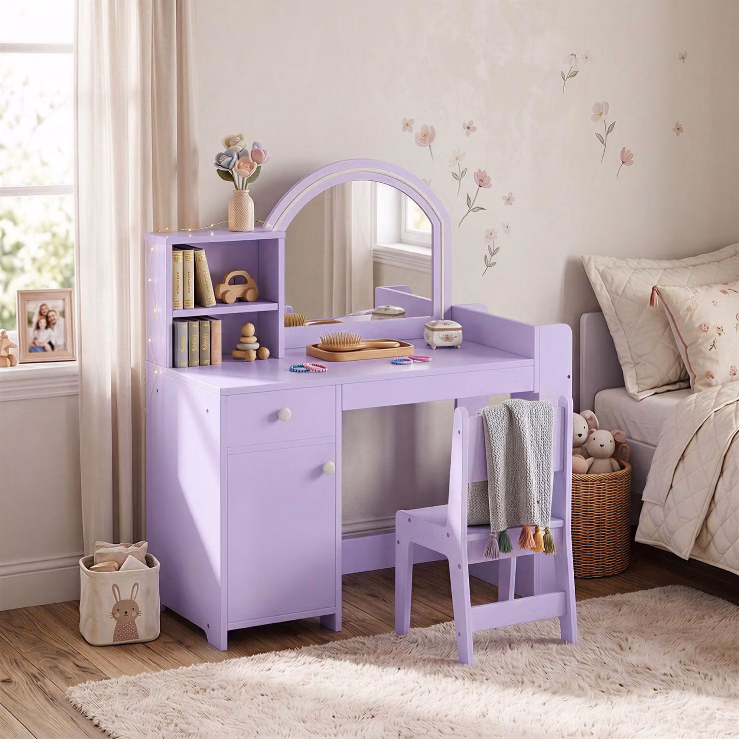 AIYAPLAY Kids Vanity Table and Chair Set with 2-Colour LED Mirror, Cabinet, Drawer and Shelves, Purple – 2