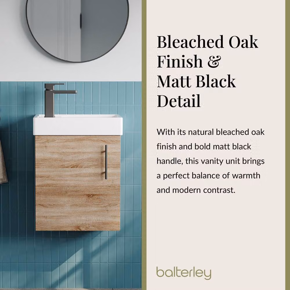 Balterley Wall Mounted Vanity Basin in Bleached Oak with Matt Black Handle, W: 40 cm, D: 40 cm, H: 52 cm – 3