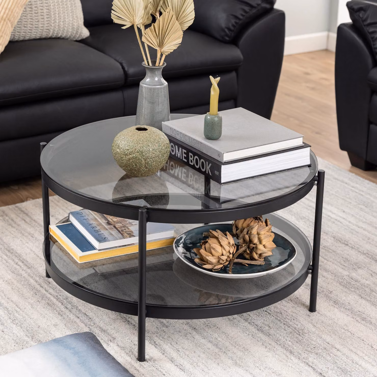 Furniture To Go Bayonne Round Coffee Table with Black Matt Smoked Glass Top – 4