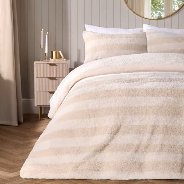 OHS Tufted Boucle Stripe Duvet Cover and Pillowcase Bedding Set in Beige, W: 140 cm, H: 200 cm