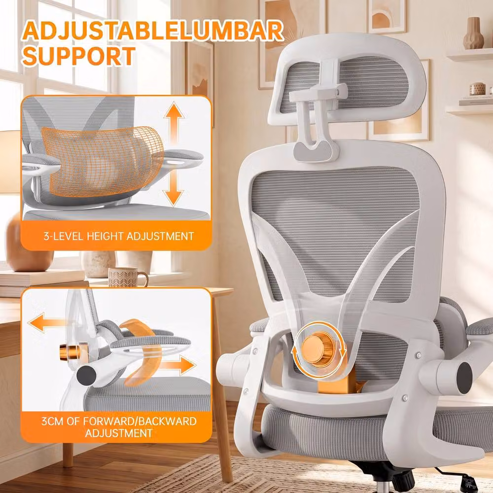Gartistgo Ergonomic Grey Mesh Office Chair with Adjustable Headrest and Fabric Details – 2