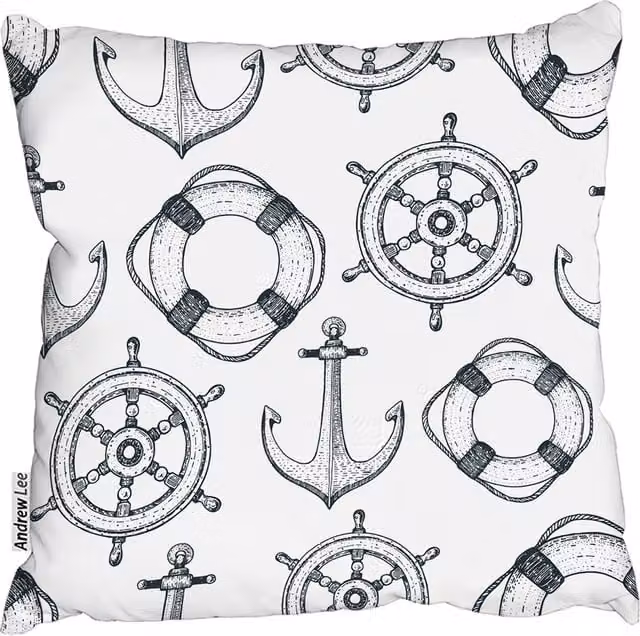 Andrew Lee Nautical Round Wheel Cushion in White, Diameter: 60 cm
