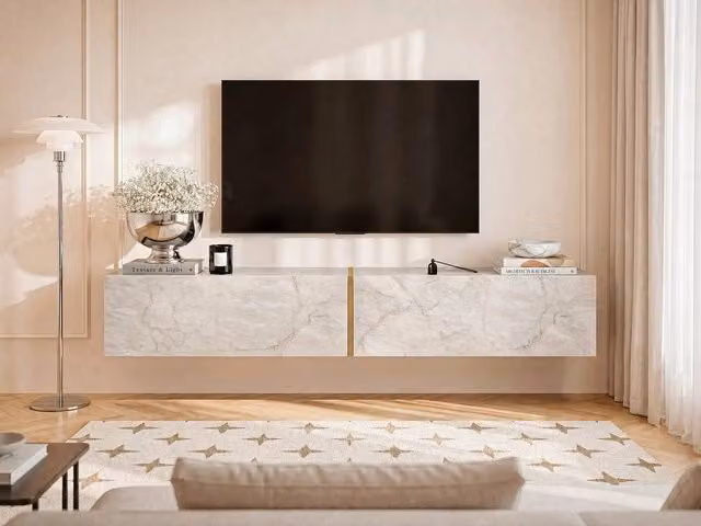 Vente-unique DINOMA Wall-Mounted TV Unit with 2 Doors in White Marble Effect, W: 181.8 cm, D: 31.7 cm, H: 30.0 cm