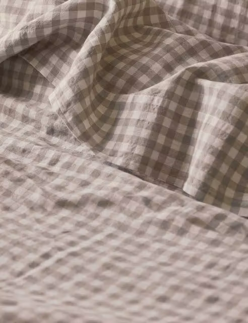 Piglet In Bed Pure Linen Gingham Checked Flat Sheet in Oatmeal Mix, W: 90 cm, L: 190 cm