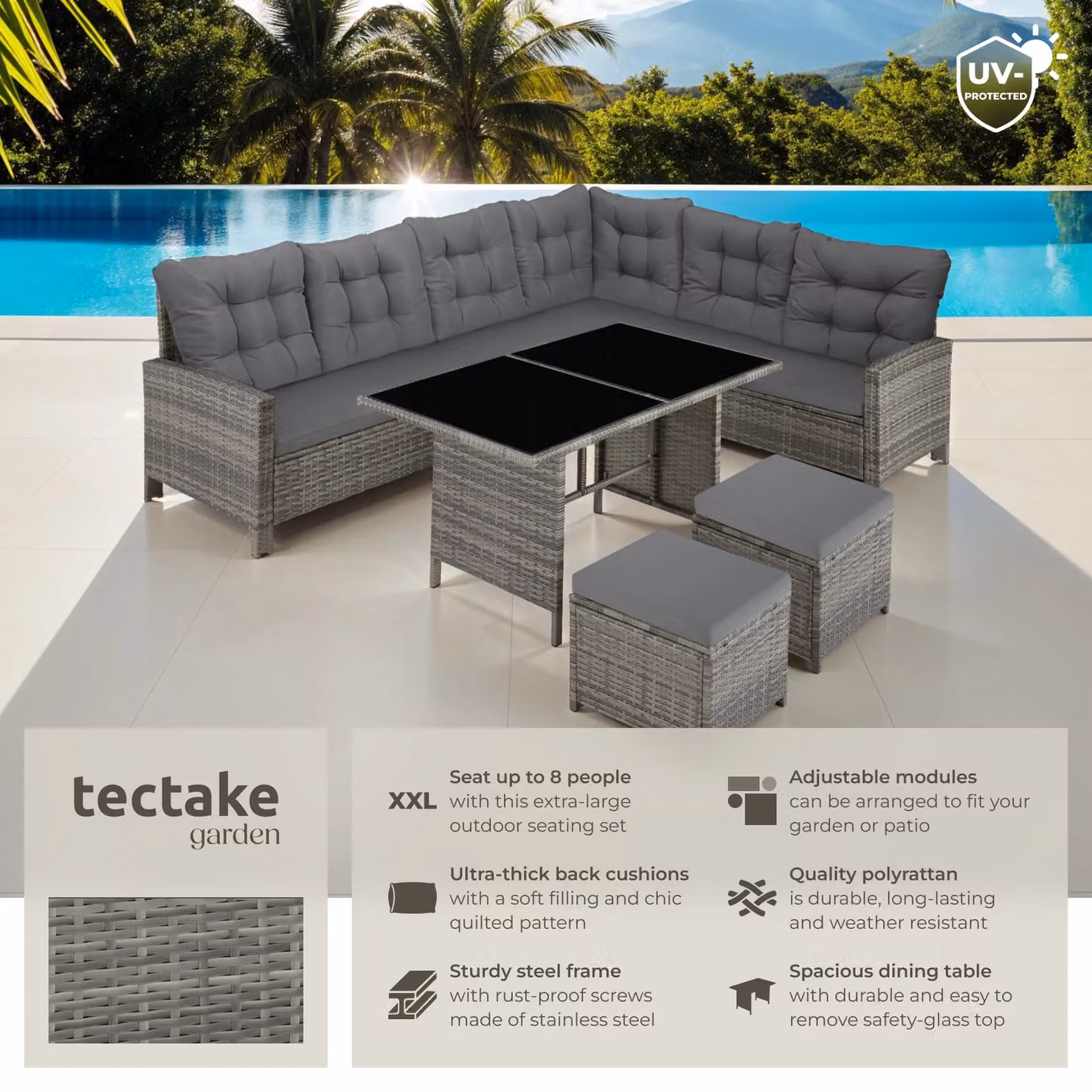 tectake 8 Seater L-Shape Garden Furniture Set in Grey with Upholstered Cushions, Ottoman and Coffee Table – 2