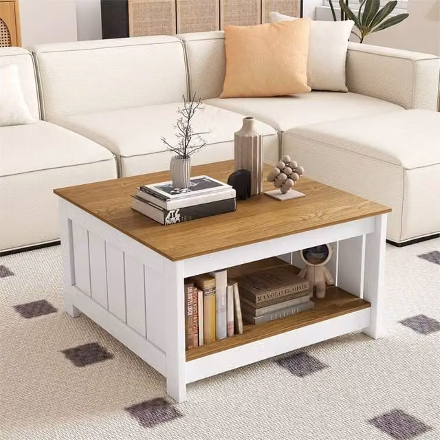 FORGEVIO Square Rustic Wood Cocktail Table with Storage Shelf in Brown and Multicolour, W/D/H: 45.0 x 80.0 x 160.0 cm