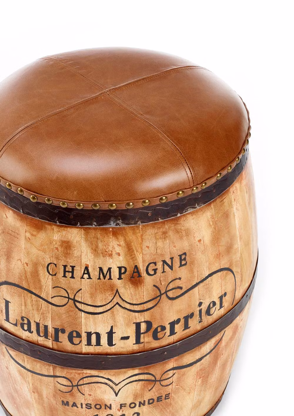 Elm Home And Garden Laurent Perrier Whiskey Barrel Stool with Brown Leather Top – 2