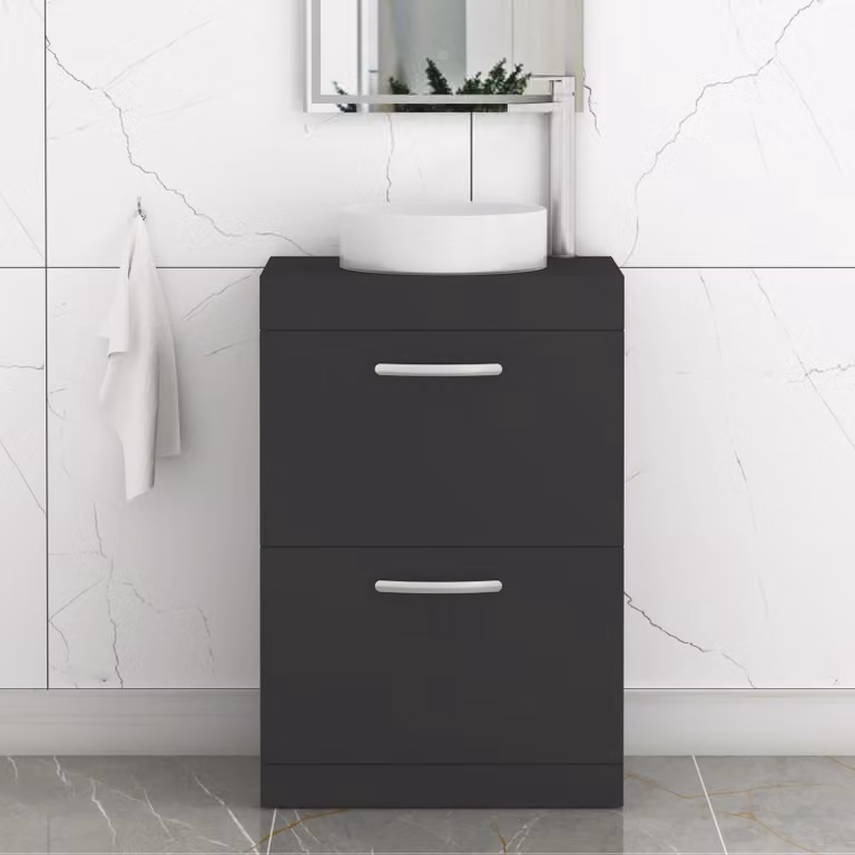 Royal Bathrooms Turin 600mm Matt Black Floor Standing Worktop Vanity Unit with 2 Drawers and Soft Close Doors