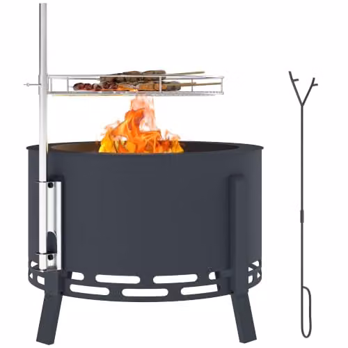 Outsunny Portable Black Steel Fire Pit BBQ and Fire Bowl with Stainless Steel Grill Grate, Diameter: 58 cm – 1