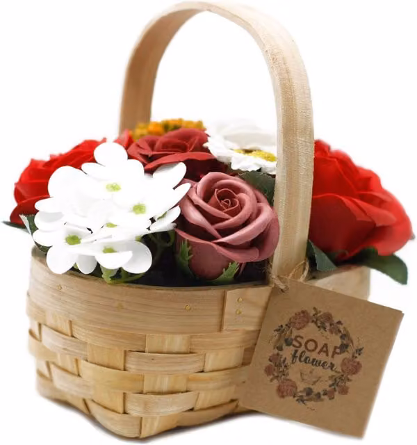 KDMK Red Floral Bouquet in a Round Rattan Wicker Basket