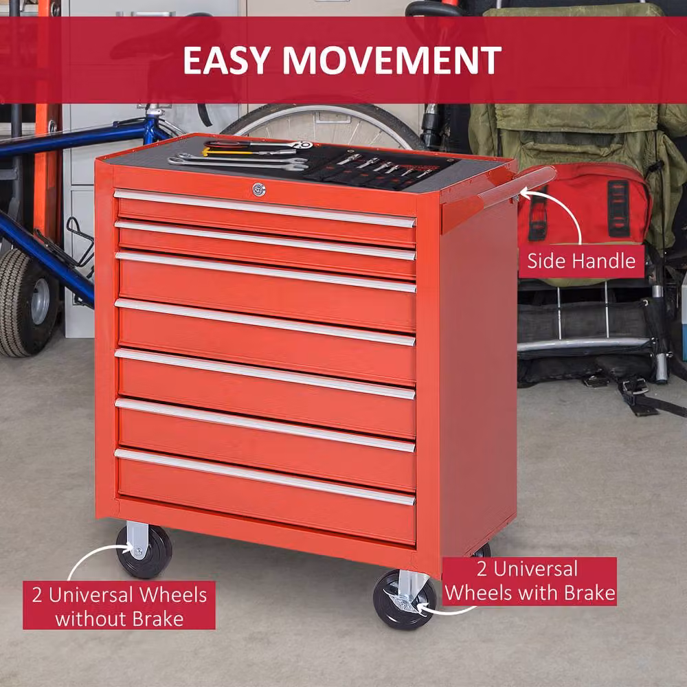 STILVORA 7 Drawer Steel Tool Chest Trolley with Lockable Wheels, Red – 7