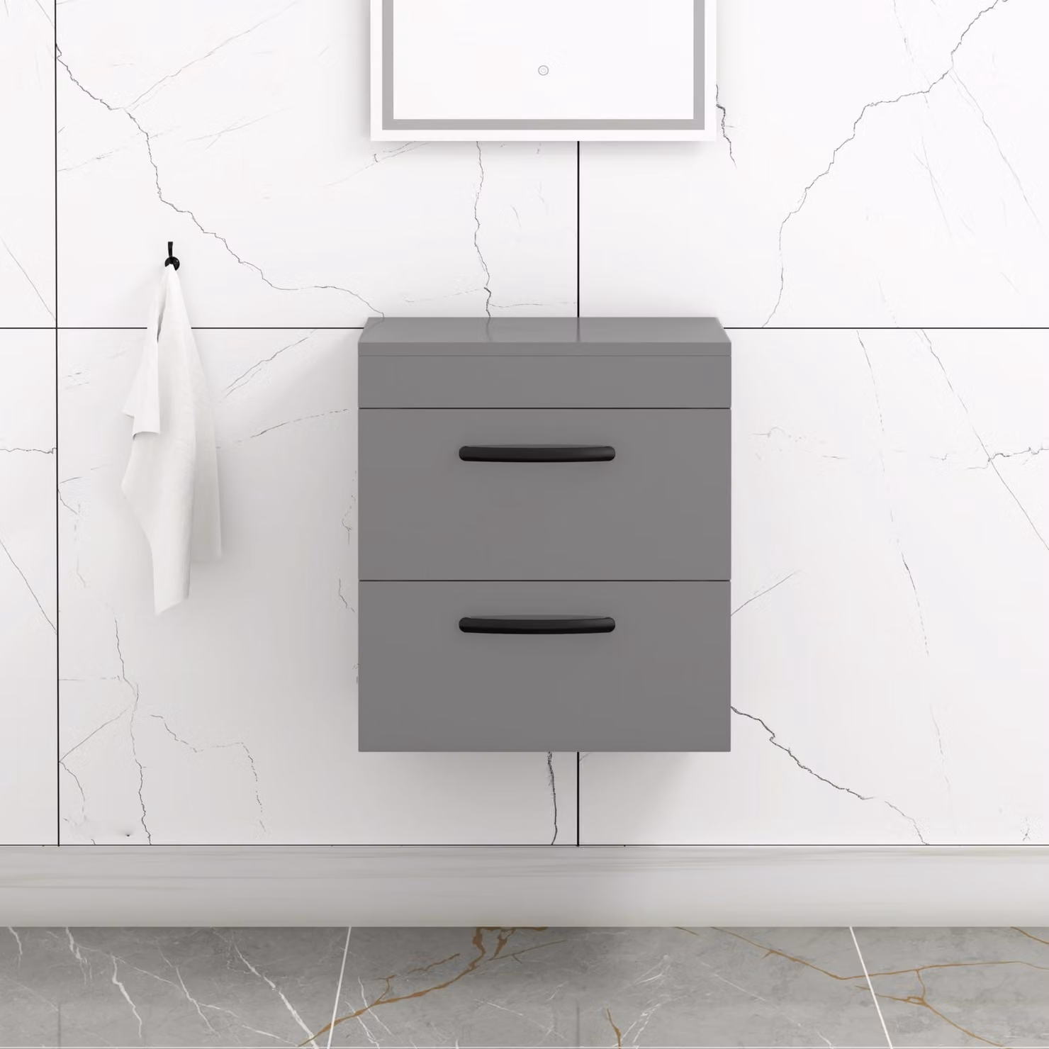 Royal Bathrooms 500mm Wall Hung 2 Drawer Vanity Unit in Indigo Grey Gloss with Matt Black Handles