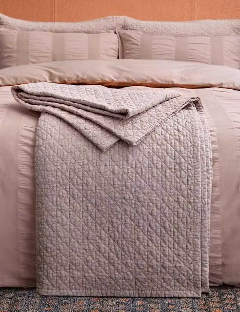 Bedeck of Belfast Pure Cotton Stonewashed Geometric Quilted Throw in Pink