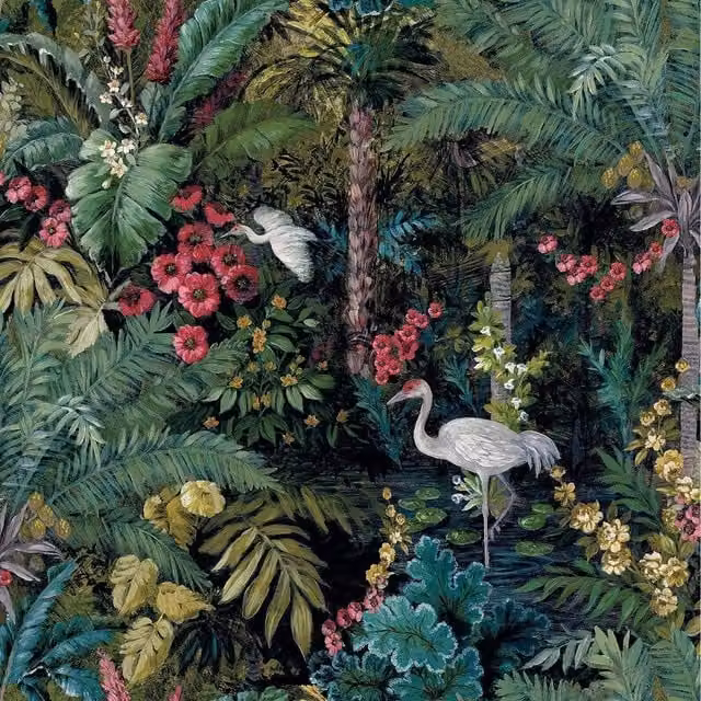 Holden Decor Jungle Paradise Cranes Tropical Floral Palm Leaves Wallpaper in Black and Multicolour