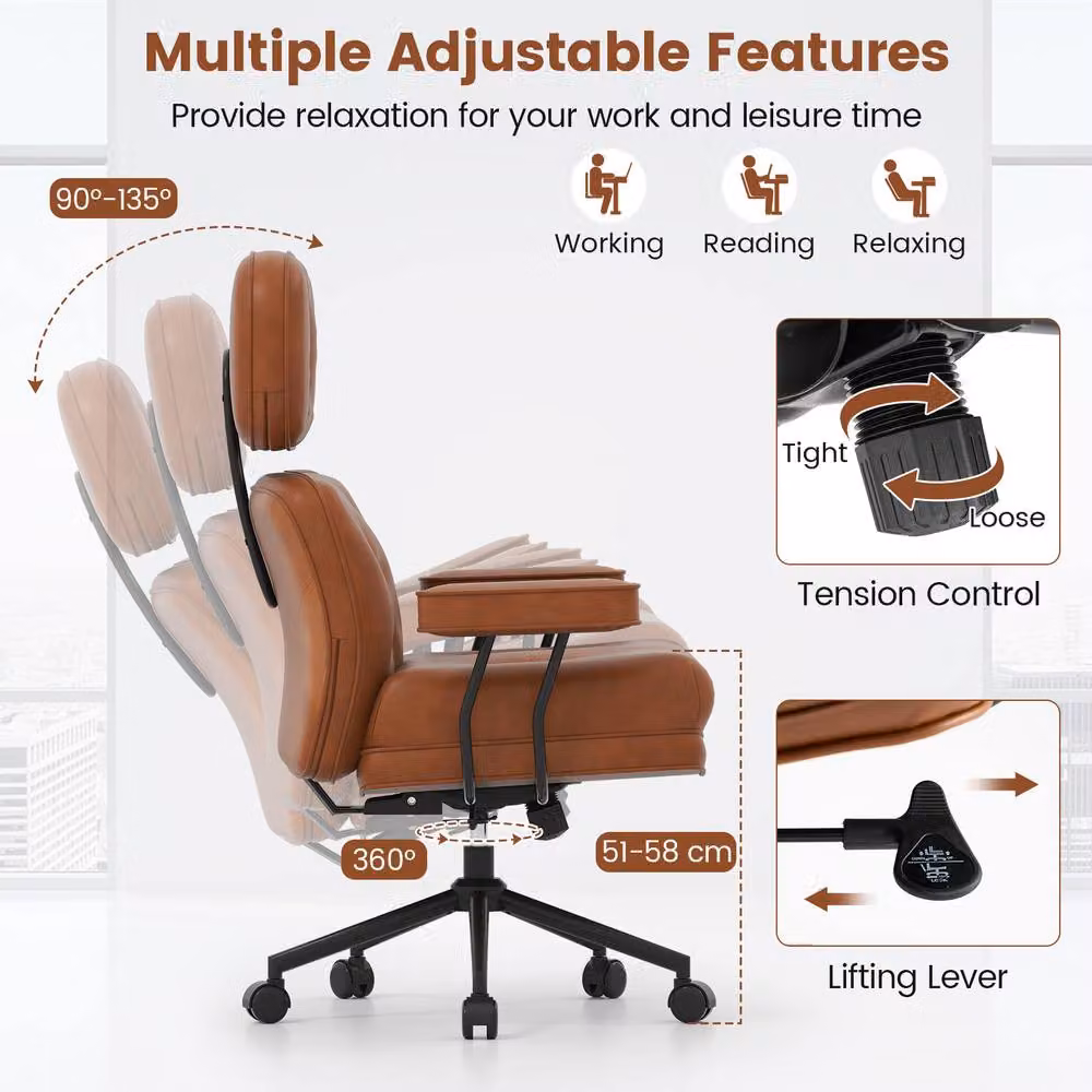 Gymax Brown Synthetic Leather Upholstered Office Chair with Tufted Seat, Headrest and Swivel Castors – 3
