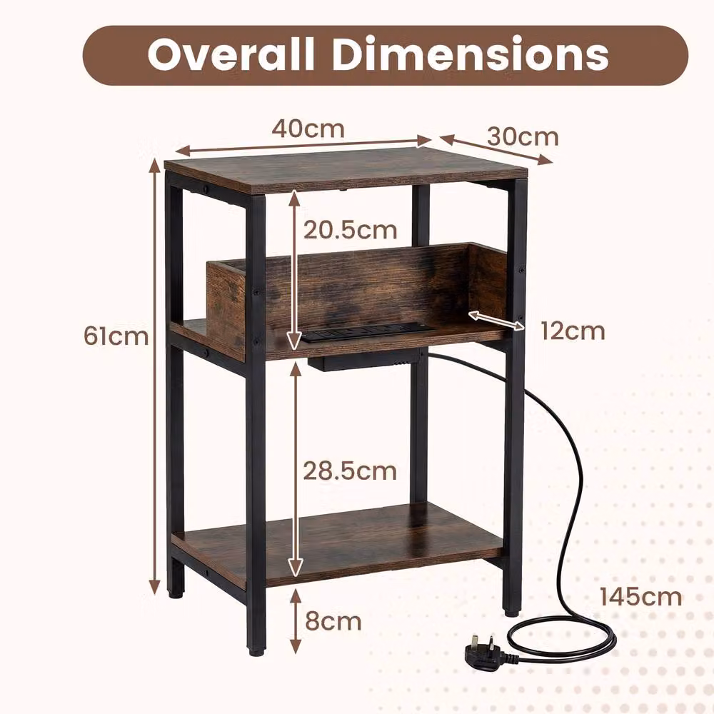 Costway Industrial 3-Tier Side Table with Charging Station in Brown – 2