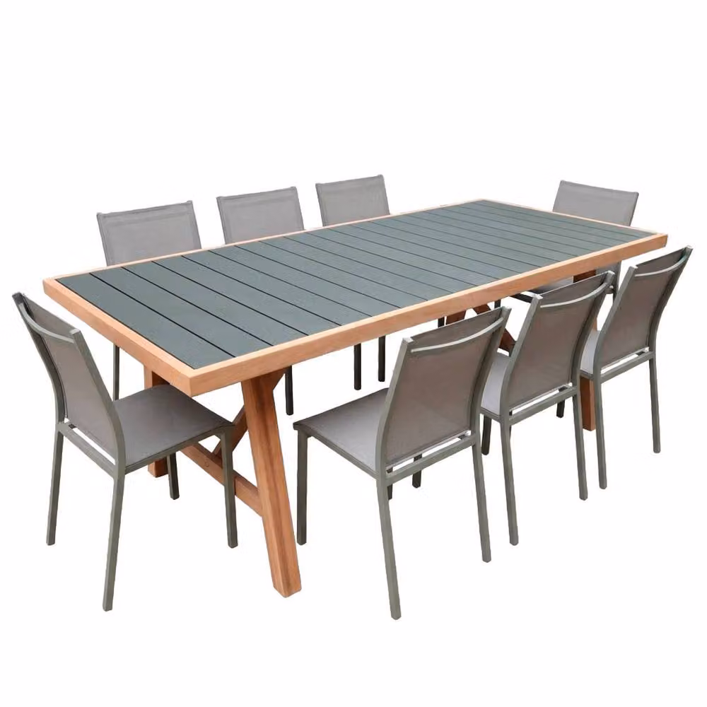 sweeek Modern Acacia Wood and Aluminium Garden Table with 8 Chairs in Khaki – 2