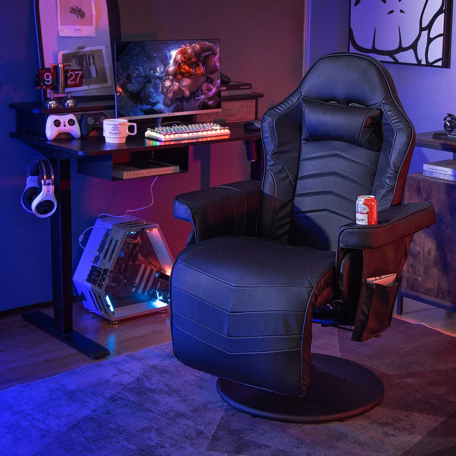 Gymax Black PU Leather Gaming Chair with Massage, Swivel Function and Adjustable Height – 3