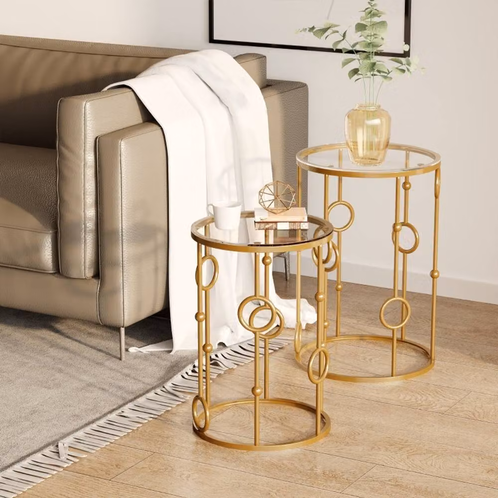 STILVORA 2-Piece Round Nesting Coffee Tables with Gold Metal Frames and Glass Tops – 3