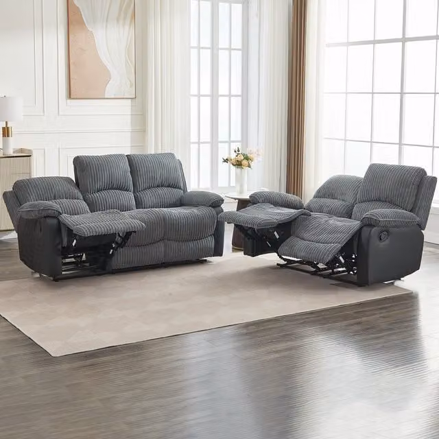 Furniture One Grey Corduroy 5-Seater Manual Reclining Sectional Sofa