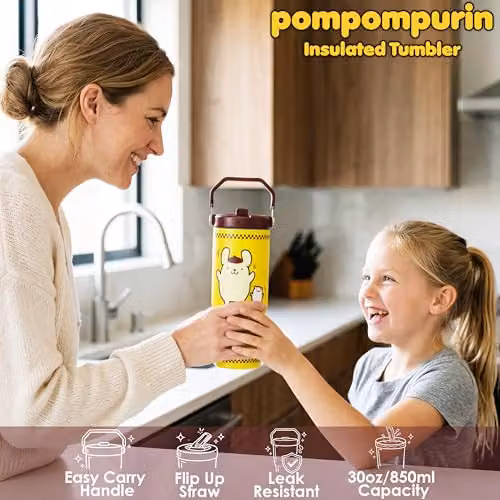 Get Trend Sanrio Pompompurin Insulated Stainless Steel Tumbler with Straw and Handle, Yellow, 850ml – 2