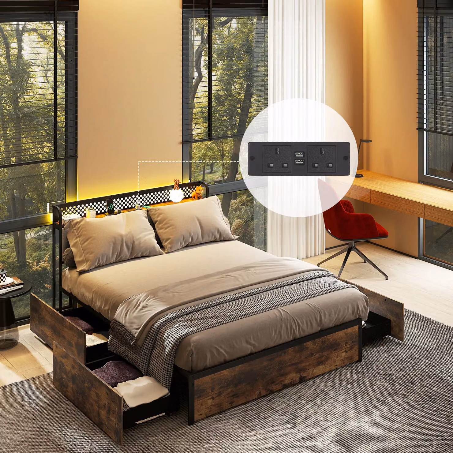 Costway Double Bed Platform Bed with LED Lights, USB Charging Ports and Drawers in Brown, W/D/H: 140 x 200 cm – 7