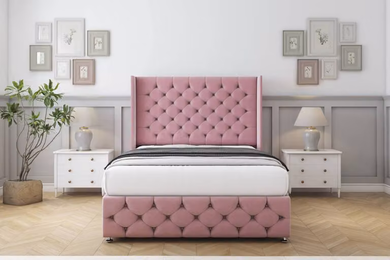 Sloomy Luthor Plush Divan Bed Set in Pink with Wingback Headboard and Footboard, W/D/H: 120 x 200 cm