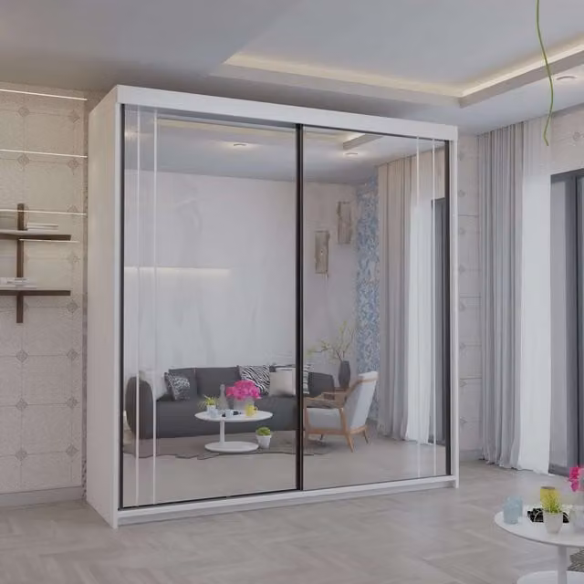 Sliding Wardrobes 4U Modish Full Mirror Sliding Door Wardrobe in White, W: 203 cm, H: 217 cm