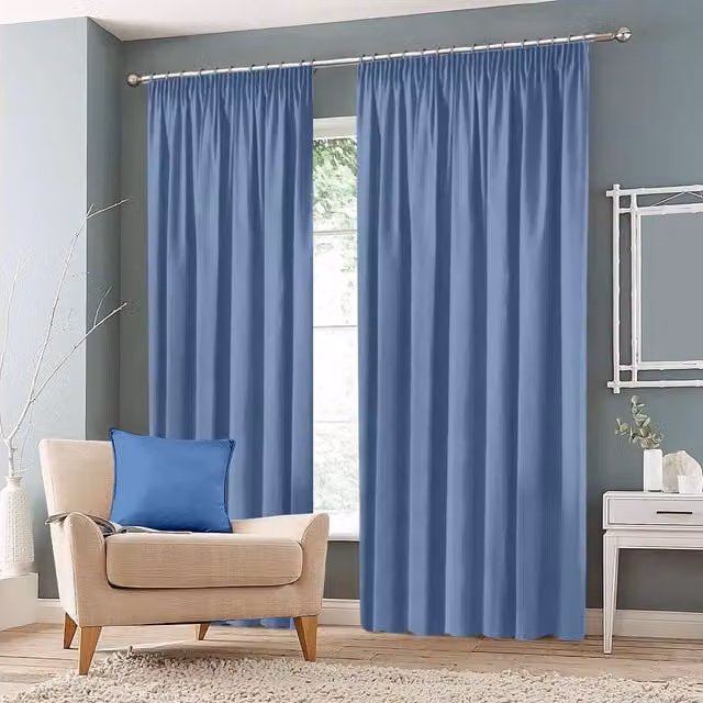 Roseley Blue Blackout Pencil Pleat Fabric Curtains