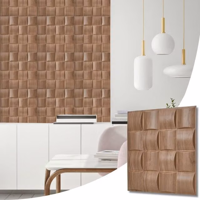 NOVECRAFTO Brown Wood Look 3D PVC Wall Panels with Geometric Square Grid Lattice Design, W/D/H: 50 x 50 x 0.25 cm