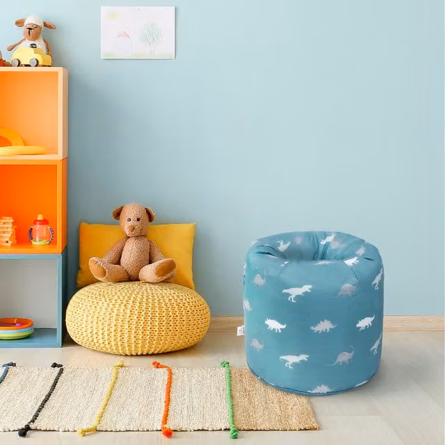 Ready Steady Bed Rex Kids Round Bean Bag Chair in Blue Animal Print Fabric