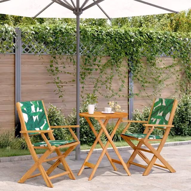 Berkfield Home 3 Piece Acacia Wood Bistro Set with Green Floral Fabric Leaf Pattern