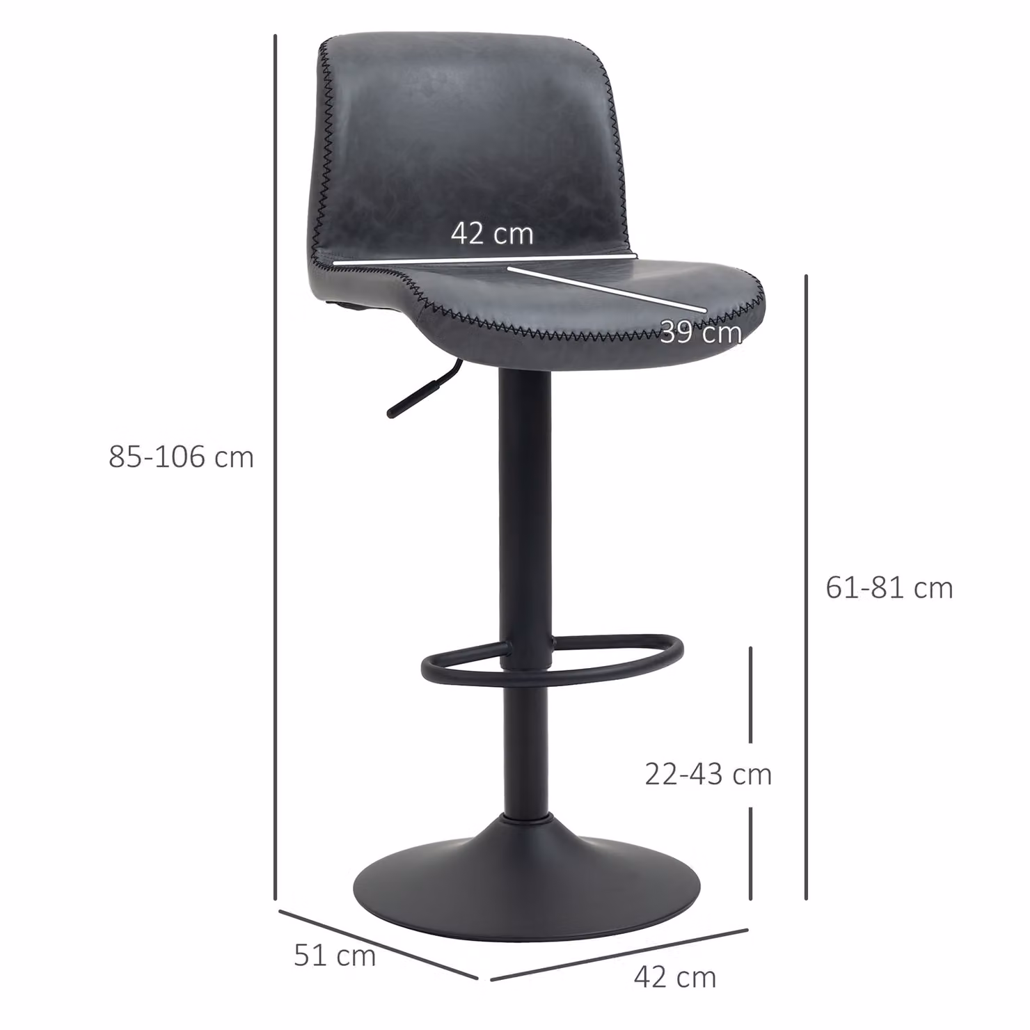 HOMCOM Set of 2 Adjustable Height Swivel Bar Chairs in Dark Grey Synthetic Leather with Metal Base – 3