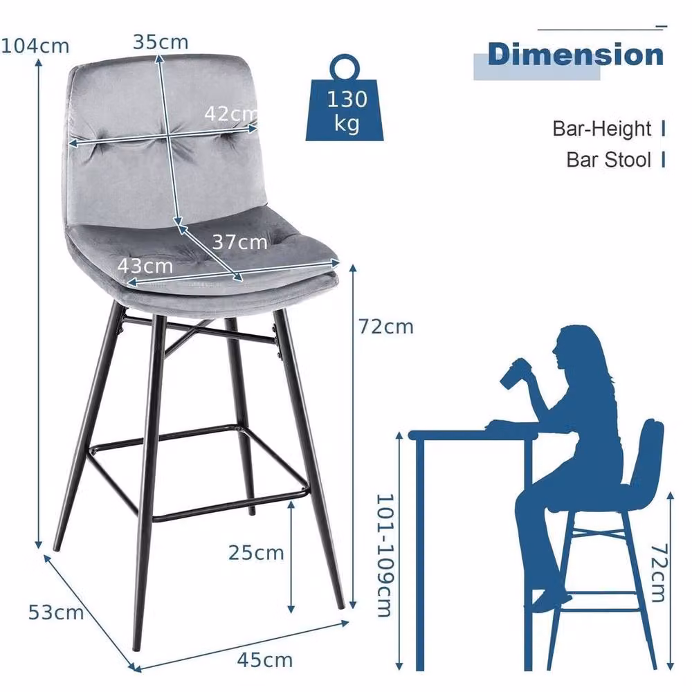 Kelvenix Grey Velvet Bar Stools with Metal Base – 2