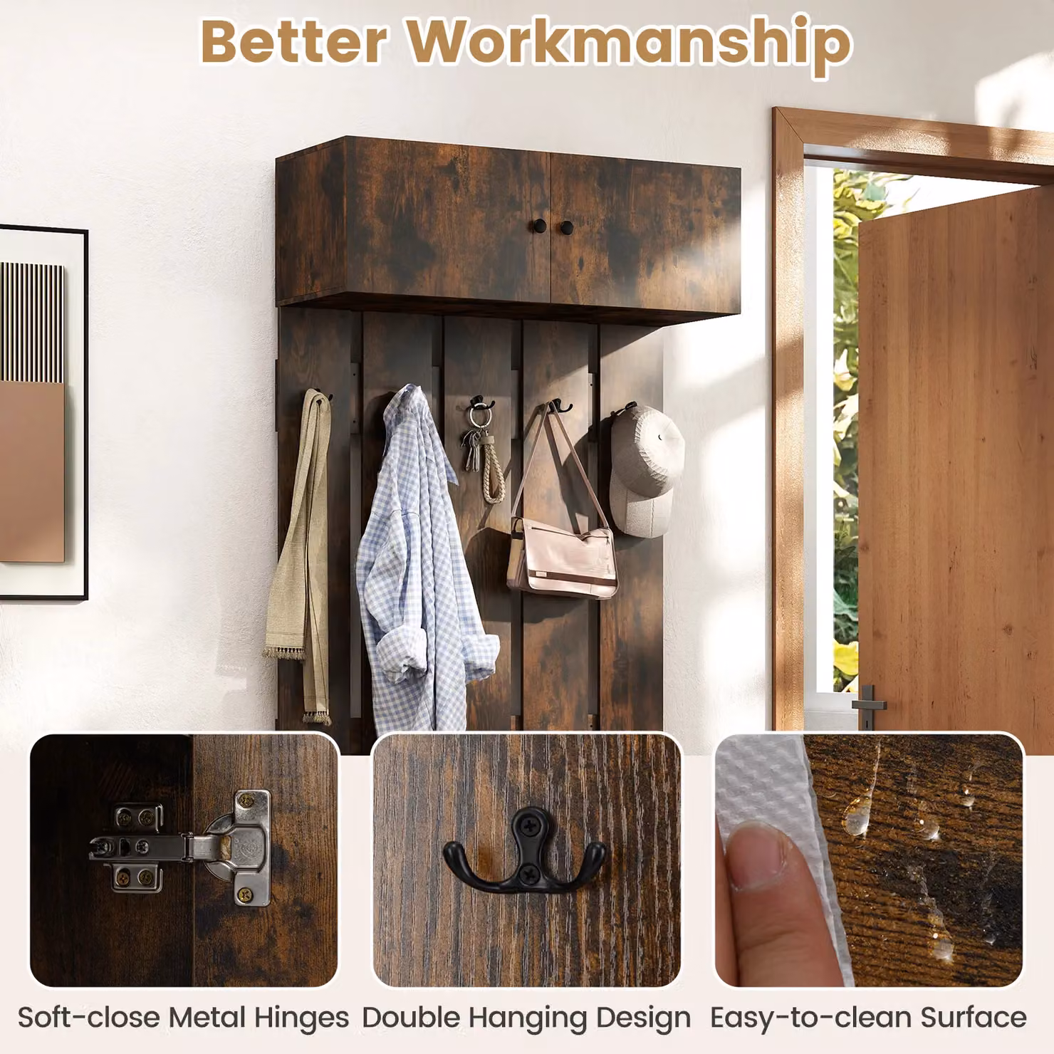 Gymax Wall Mounted Entryway Coat Rack in Brown Rubberwood with Metal Hooks – 3