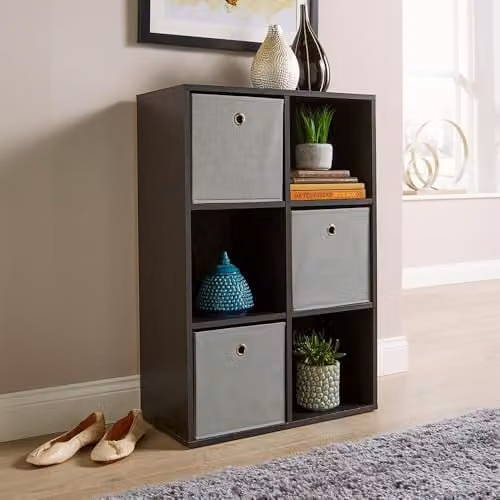 Home Source 6 Shelf Wooden Storage Cube Bookcase and Display Unit, Black, H 90 x W 60 x D 30 cm