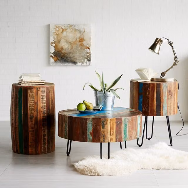IH Design Reclaimed Wood Boat Side Table in Multicolour and Brown