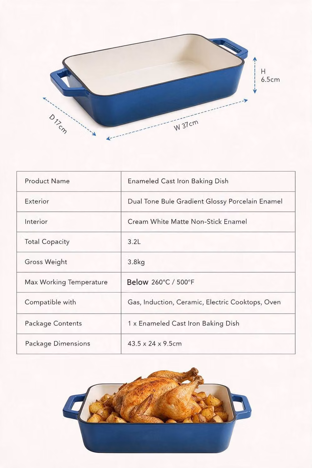 ExtraStar Enamelled Cast Iron Rectangular Casserole Dish with Handles in Blue – 6