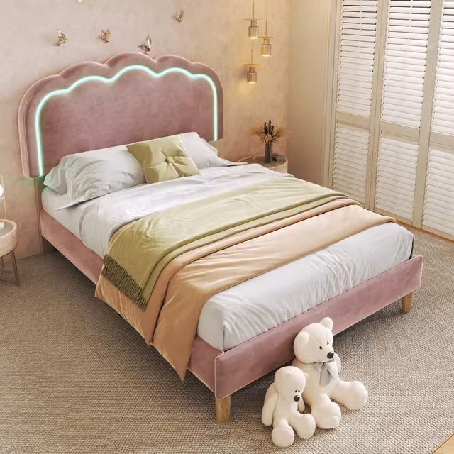 ModernLuxe Pink Velvet Upholstered Childrens Single Bed with Adjustable Headboard and Under-Bed LED Lighting W/D/H: 90 x 200 x 101 cm