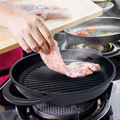 Joeji's Non-Stick Cast Aluminium Griddle Pan with Glass Lid, Black, Diameter: 27 cm – 7