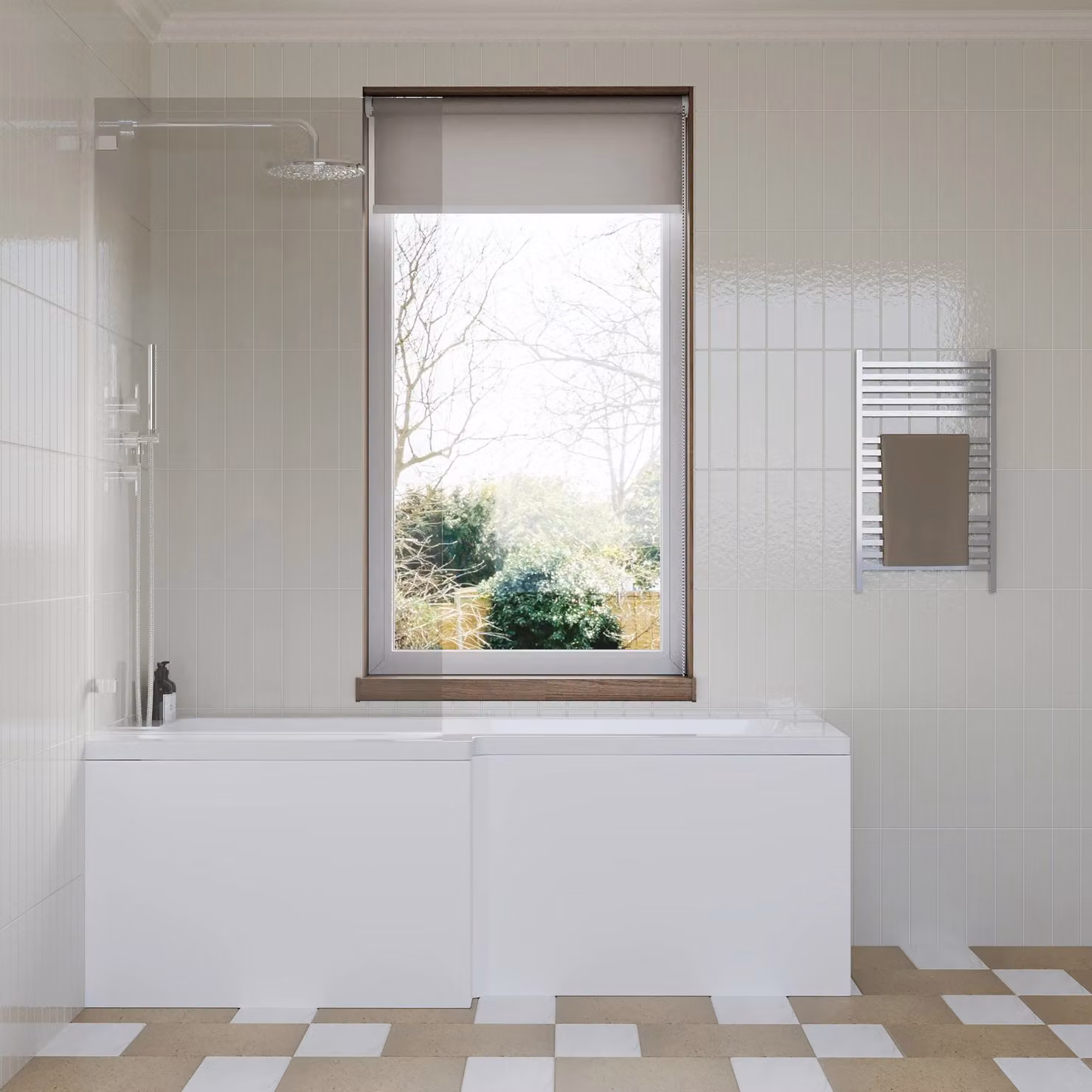 Balterley L-Shaped Asymmetric Bath with Apron and Right-Hand Chrome Square Hinge Screen, White, W/D/H: 170 x 85 x 85 cm – 2