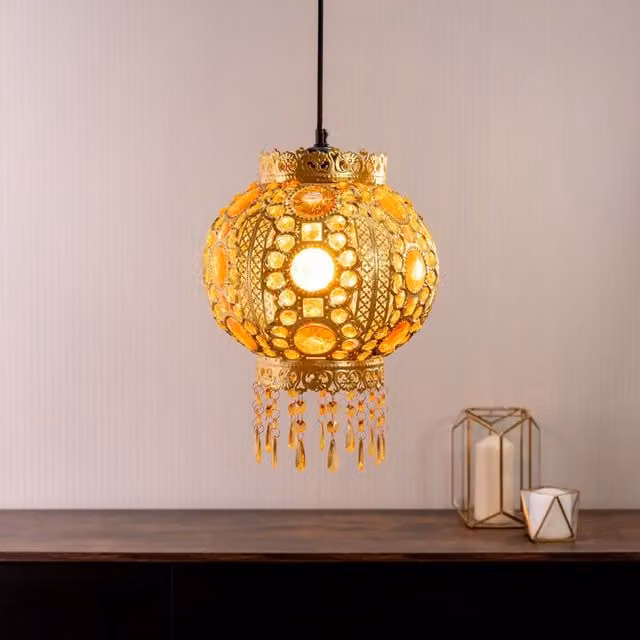 ValueLights Bazaar Moroccan Jewelled Metal Ceiling Lamp Shade in Gold and Silver – 1