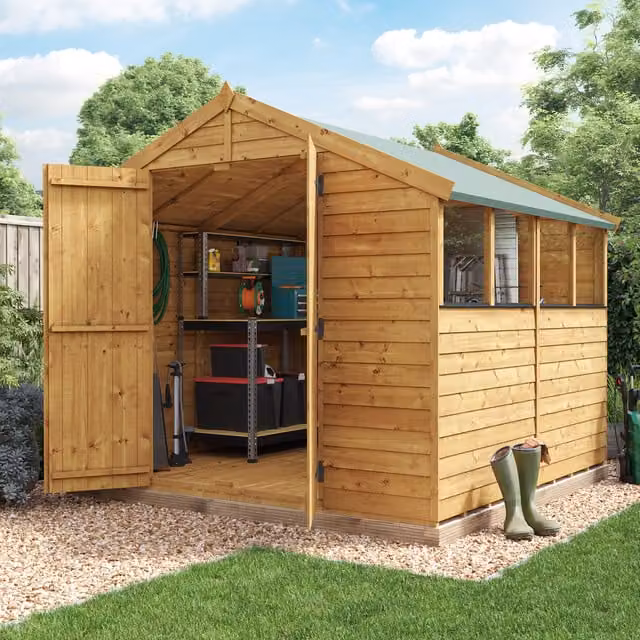 BillyOh Keeper Overlap Apex Wooden Garden Shed with Window in Brown, W/D/H: 243.84 x 243.84 x 179.83 cm