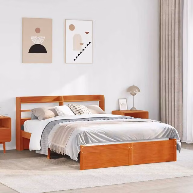 Berkfield Home Modern Bed Frame with Headboard and Side Compartments in Waxed Brown Solid Pine Wood, 150 x 200 cm