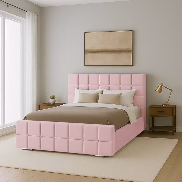 Desire Deco Andrea Upholstered Velvet Bed Frame, Pink, 140 x 200 cm