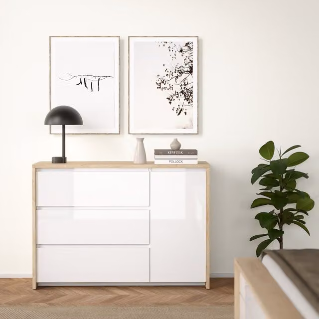 Furniture To Go Jackson Hickory Sideboard with 1 Door and 3 Drawers in Oak Brown and White