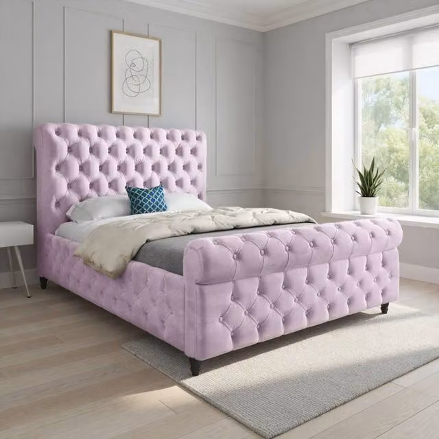 Casani Stenton Sleigh Upholstered Pink Velvet Designer Bed Frame W/D/H: 128 x 119 x 200 cm