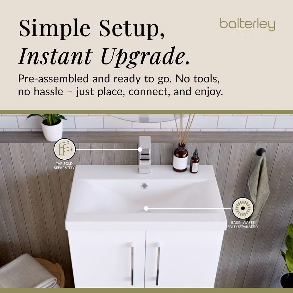 Balterley Modern Gloss White Floor Standing Bathroom Vanity Unit with 2 Soft-Close Doors and Mid-Edge Basin, W/D/H: 60 x 39 x 84 cm – 2